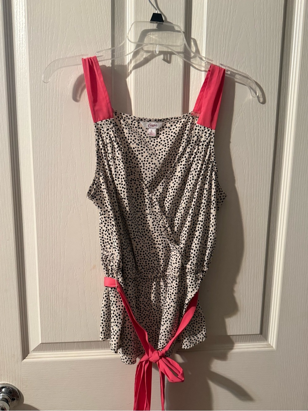 Candie's Cream and Black Polka Dot Tank with Pink Straps and Tie